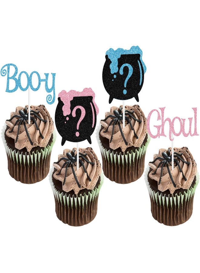 PYBHILK 16 PCS Glitter Boo-y or Ghoul Cupcake Topper, Witch's Cauldron Pink or Blue Décor, Halloween Ghoul Ghost Gender Reveal Baby Shower Party Decorations Supplies - Image 1